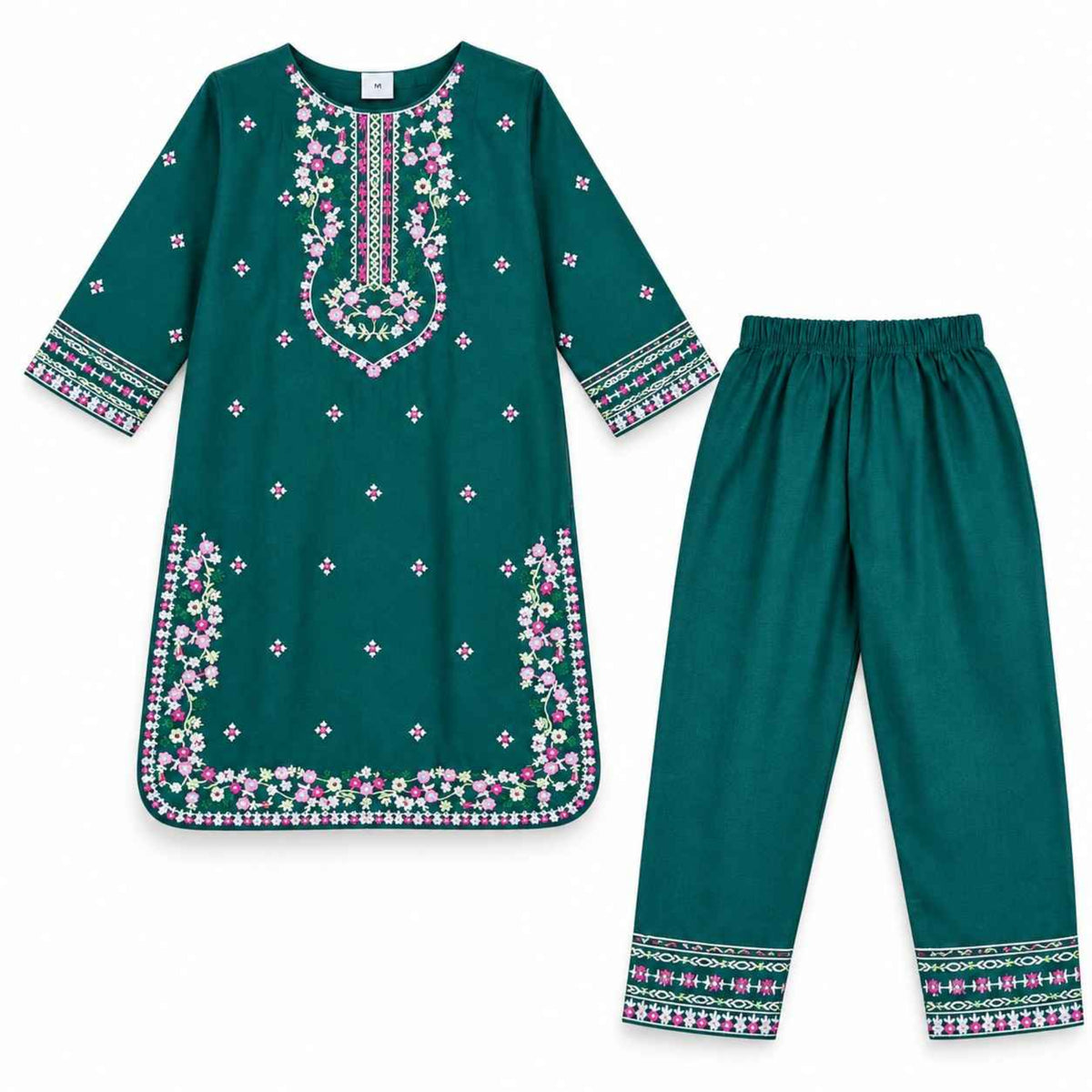 Desi Elegance Floral Khaddar 2-Piece Set - Dark Green