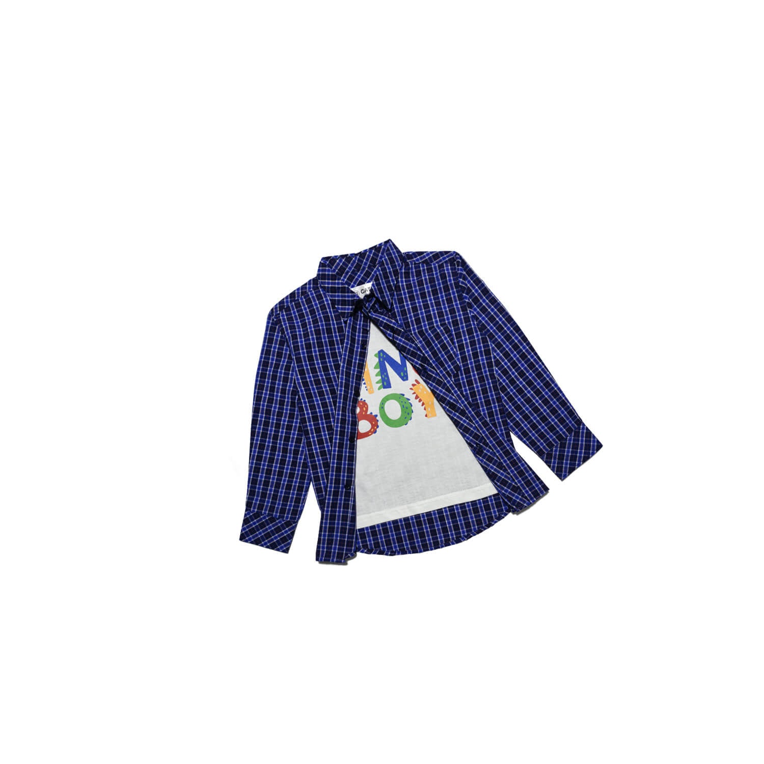 Dino Boy Regular Check Twofer Double Casual Shirt -White &amp; Blue