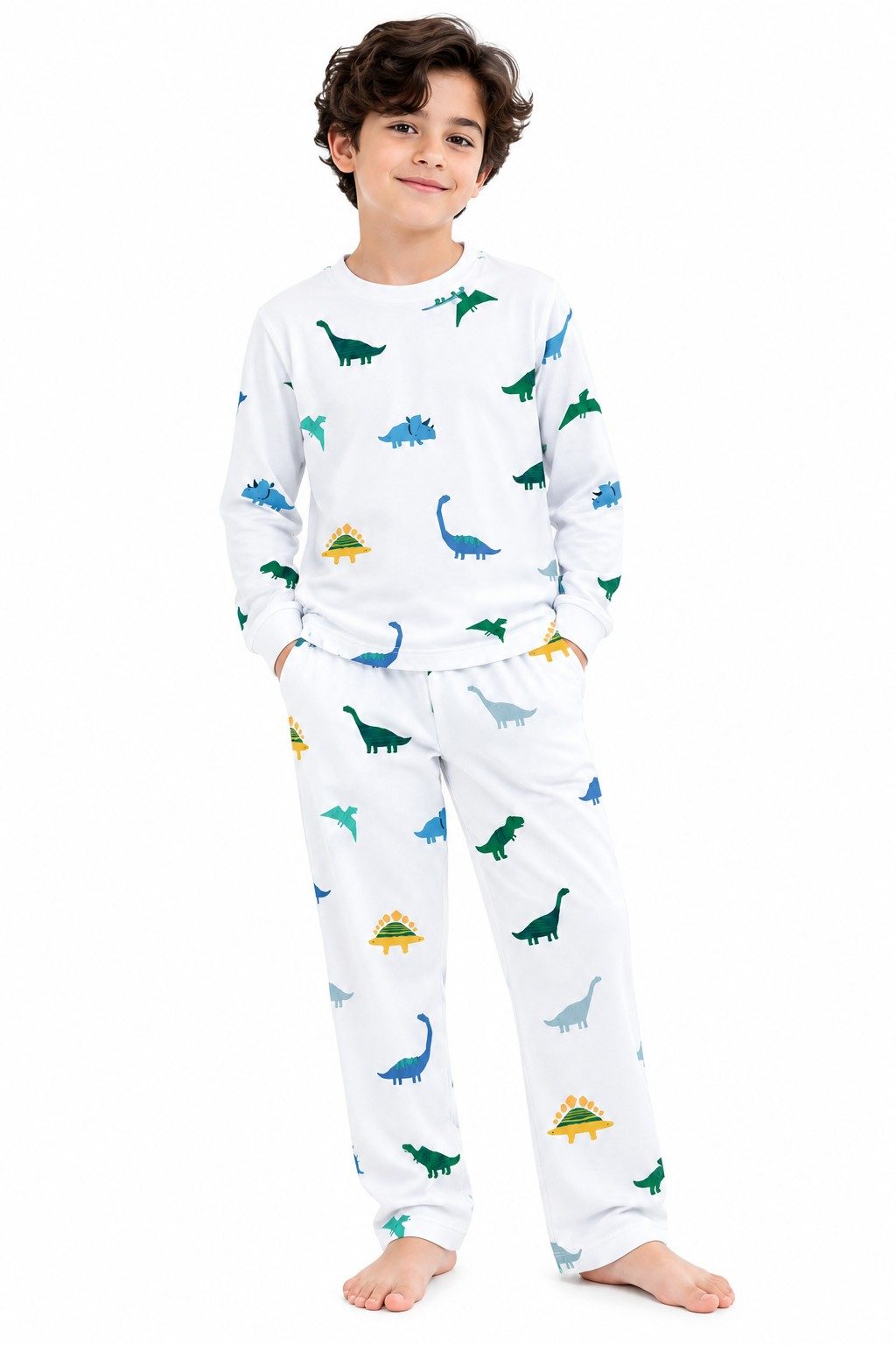  Dinosaur Printed Full-Sleeve Cotton Night Suit - White 