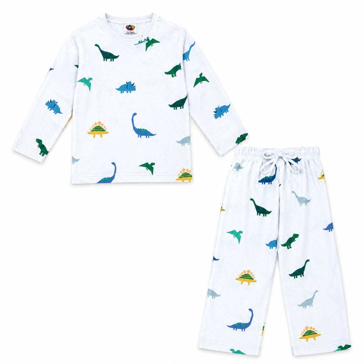  Dinosaur Printed Full-Sleeve Cotton Night Suit - White 