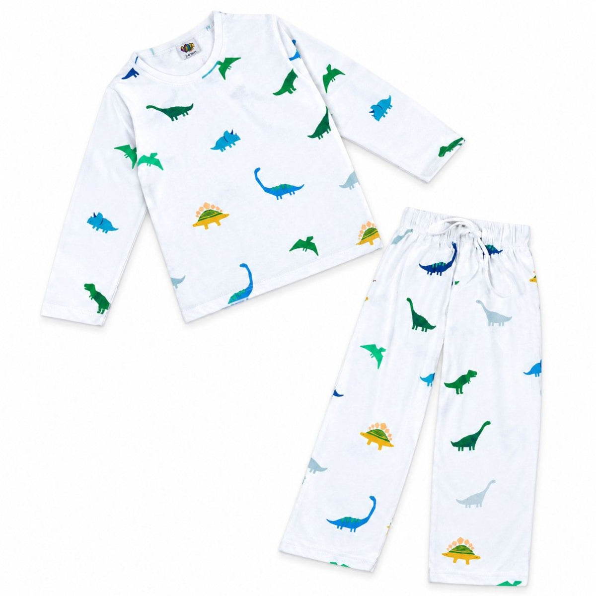  Dinosaur Printed Full-Sleeve Cotton Night Suit - White 