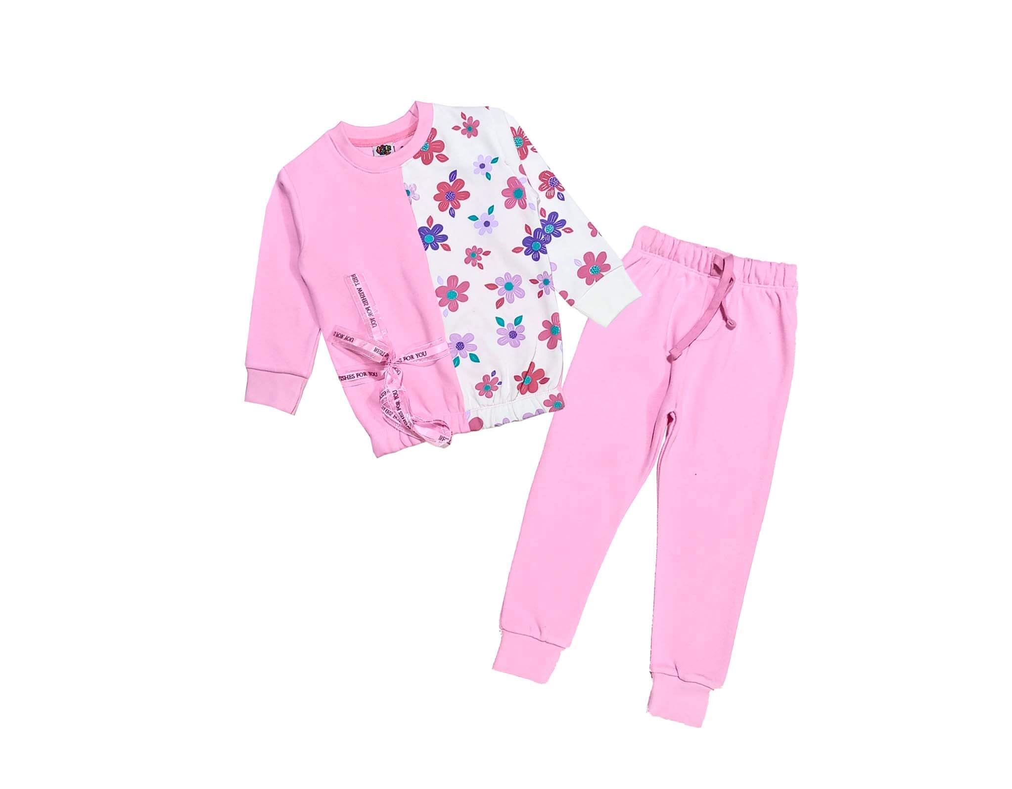 Double Penal Stylish Fleece Tracksuit - Baby Pink & White