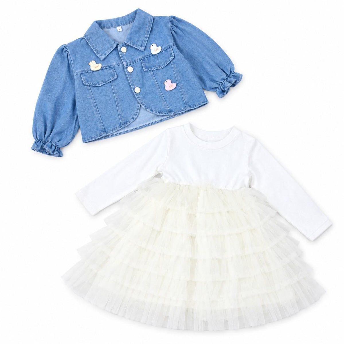 Duck Logo White Layered Mesh Frock with Denim Jacket - White & Blue