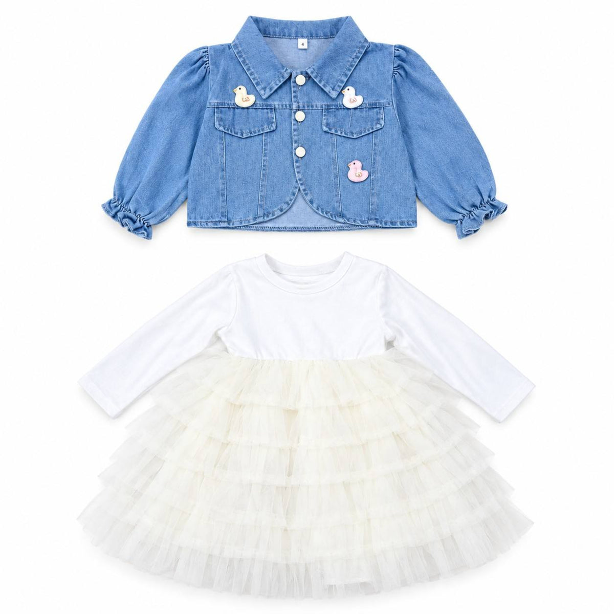 Duck Logo White Layered Mesh Frock with Denim Jacket - White & Blue