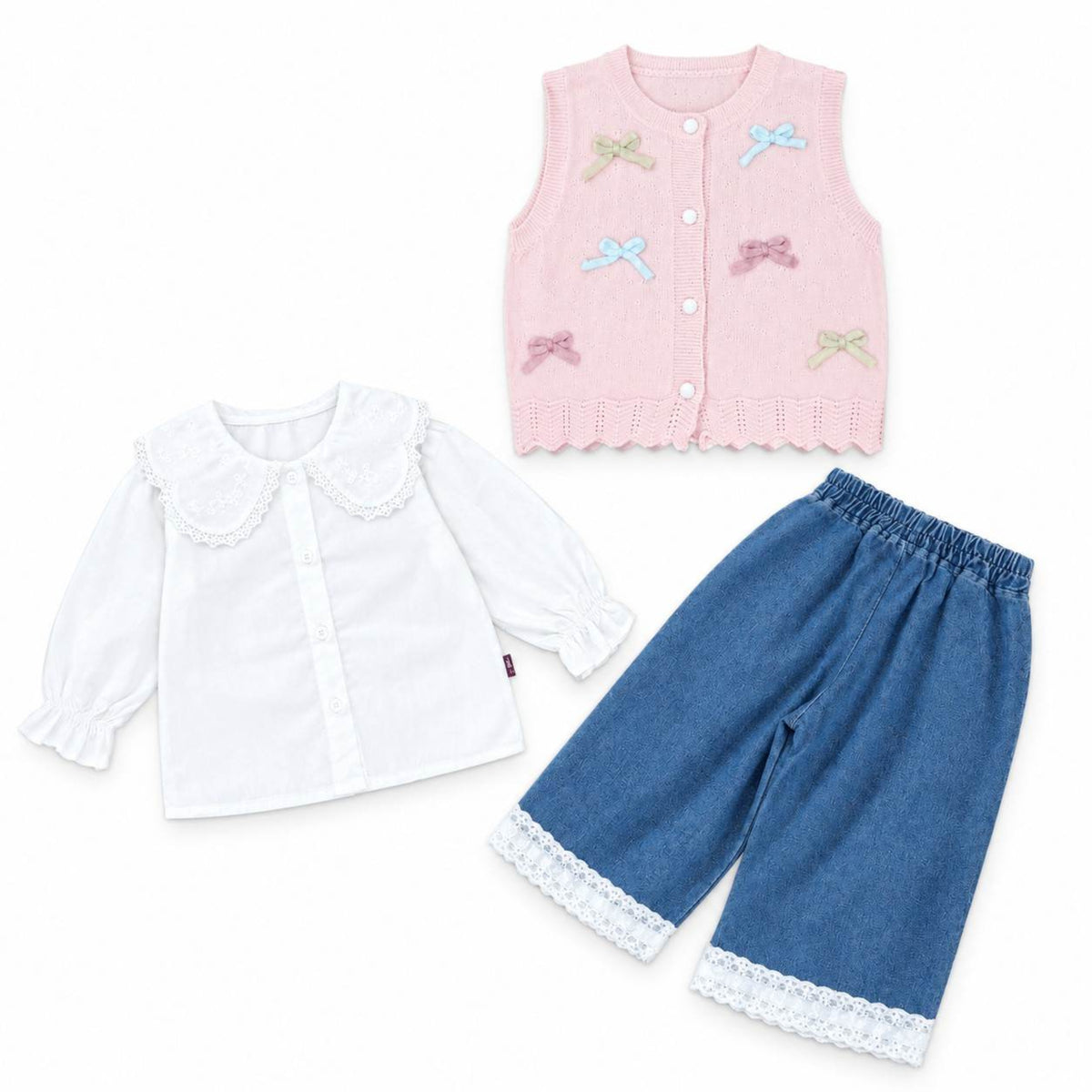 Elegant Pink Bow Knit Waistcoat with White Lace Top & Jeans - Pink & White