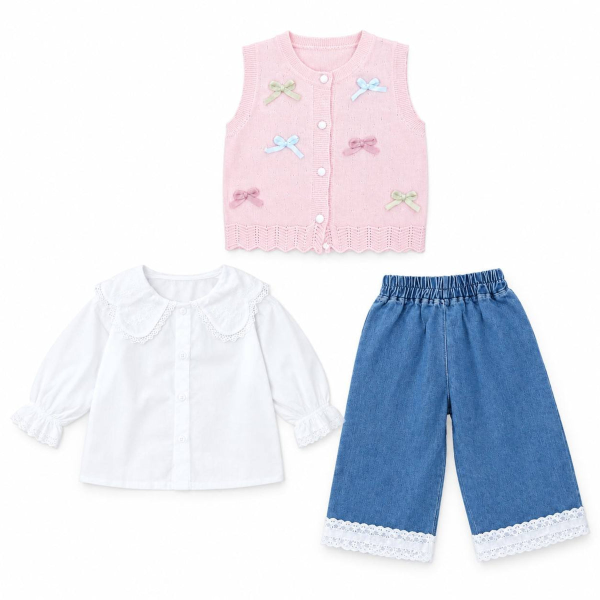 Elegant Pink Bow Knit Waistcoat with White Lace Top & Jeans - Pink & White