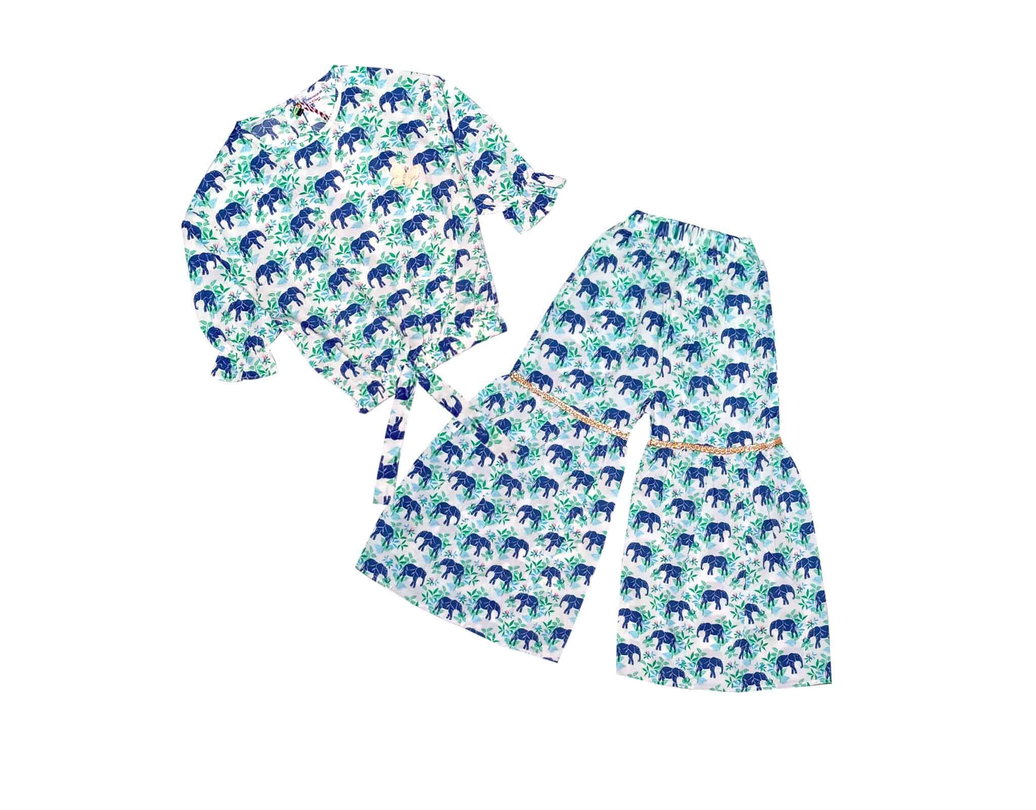 Elephants Cotton Short Top with Gharrara - White