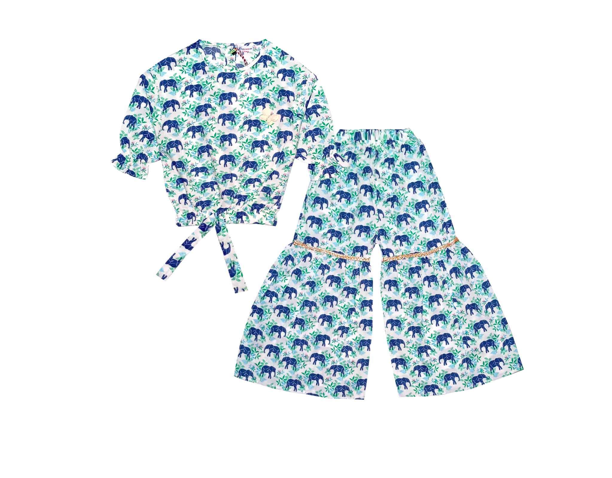 Elephants Cotton Short Top with Gharrara - White
