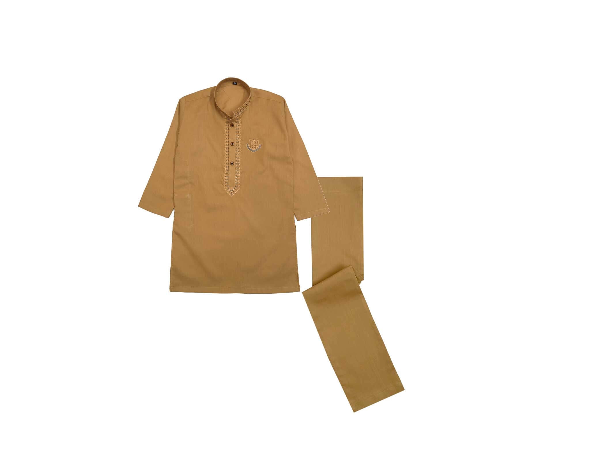 Embroidered Batch Cotton Kurta &amp; Trouser Set – Brown