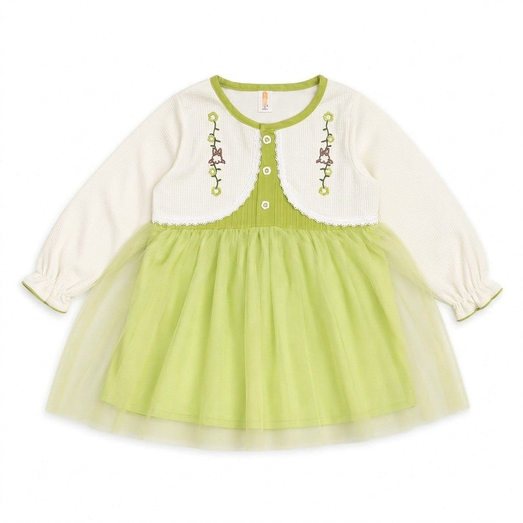 Embroidered Mini Floral Baby Frock - Off White & Green