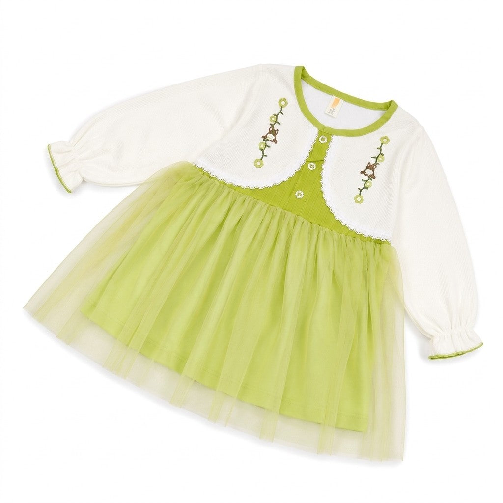 Embroidered Mini Floral Baby Frock - Off White & Green-3