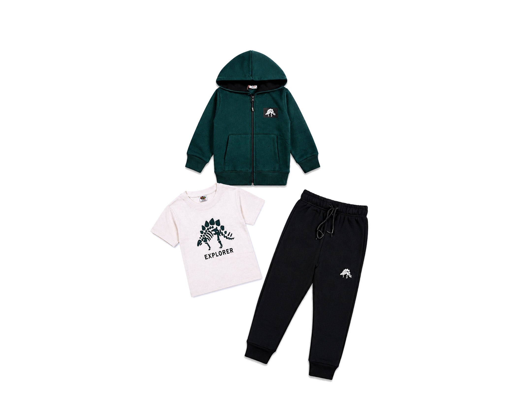 Explore The Dinosaur Printed Inner Shirt Zipper Hood & Trouser - Green & Black