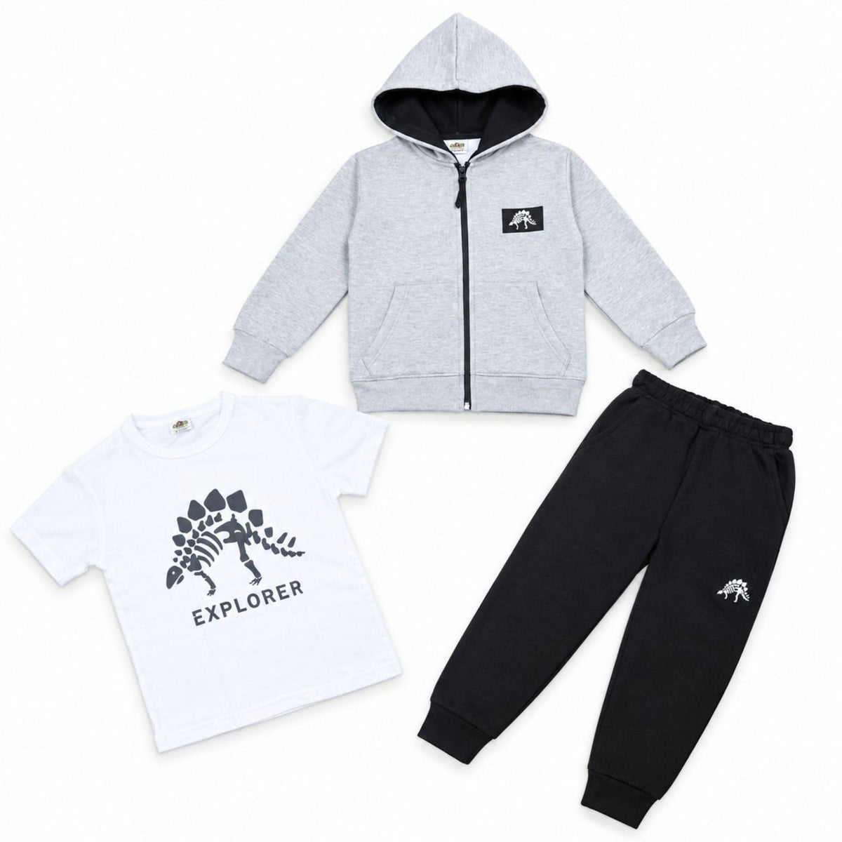 Explore The Dinosaur Printed Inner Shirt Zipper Hood & Trouser - Grey & Black