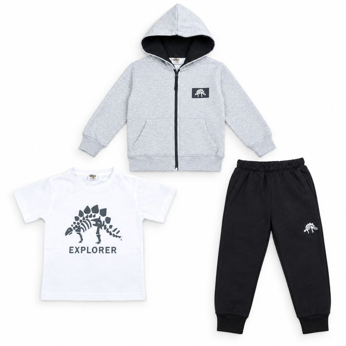 Explore The Dinosaur Printed Inner Shirt Zipper Hood & Trouser - Grey & Black