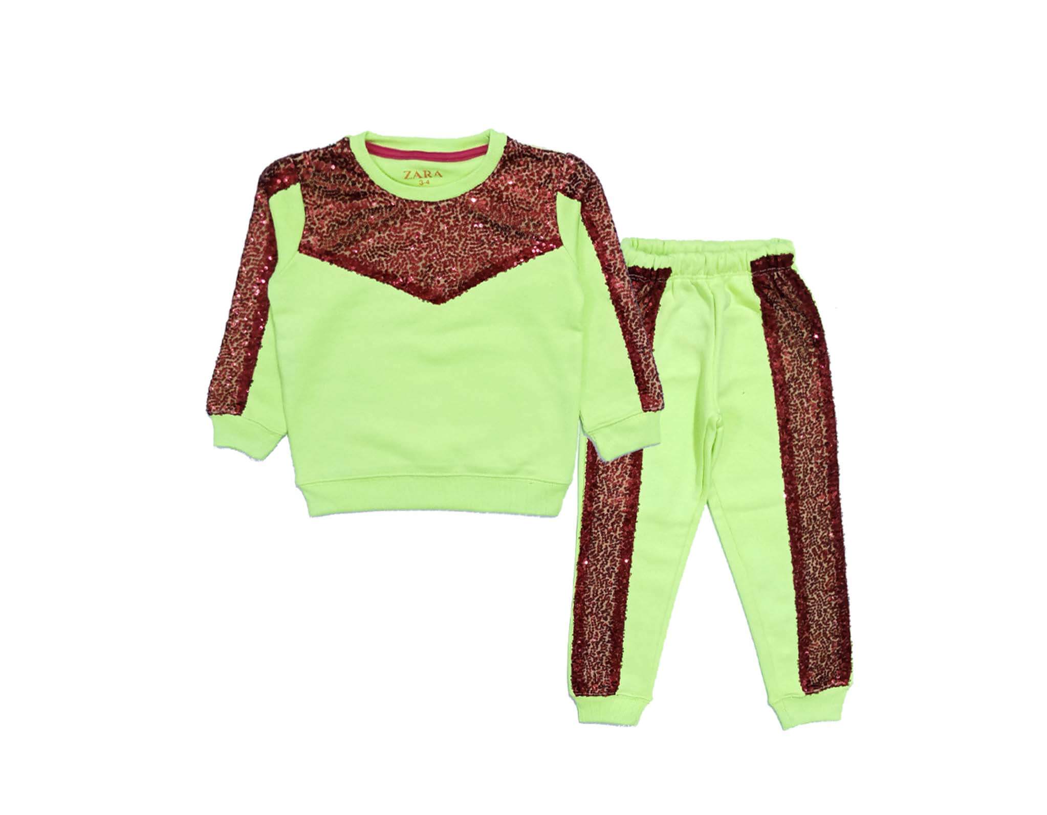 Fancy Red Sequence Work  Flecce Tracksuit - Neon Green