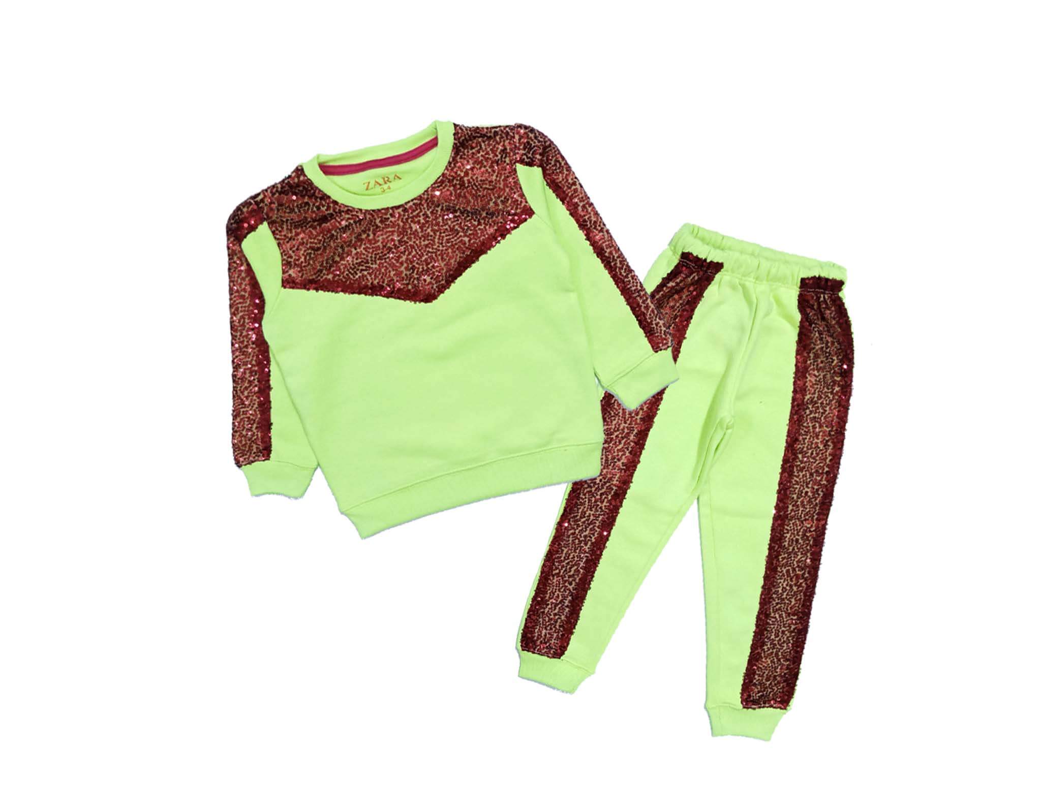 Fancy Red Sequence Work  Flecce Tracksuit - Neon Green