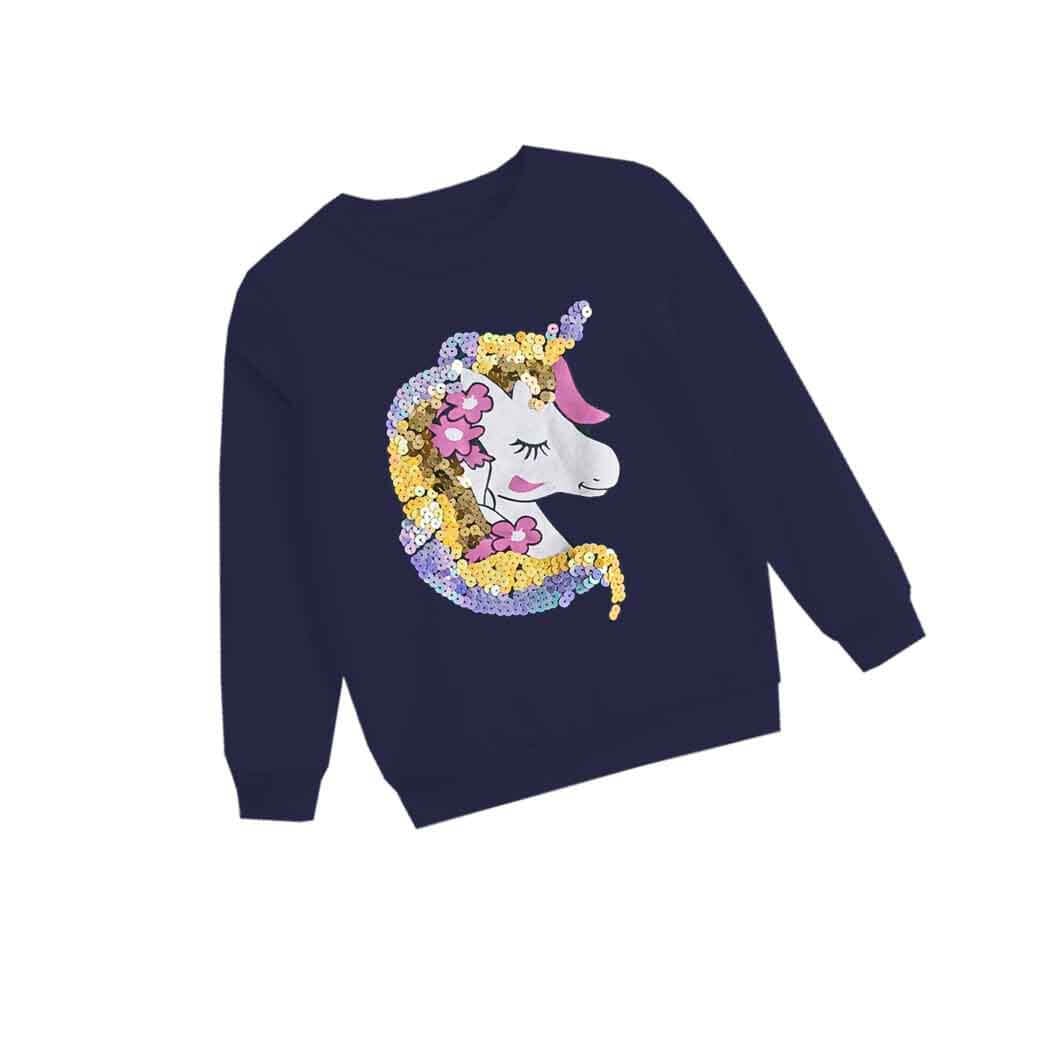 Fancy Sequin Hairs Unicorn Fleece Sweatshirt - Navy Blue
