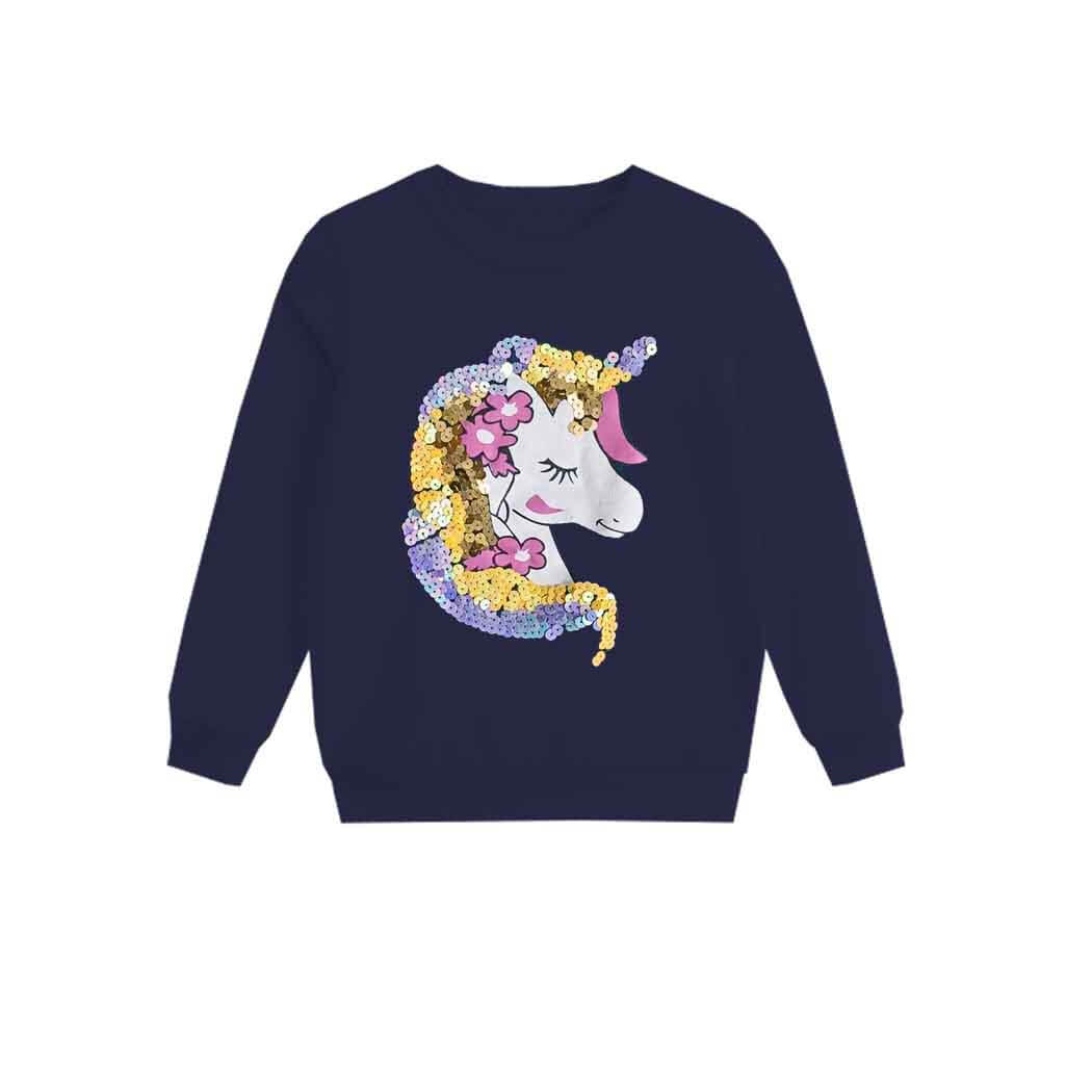 Fancy Sequin Hairs Unicorn Fleece Sweatshirt - Navy Blue