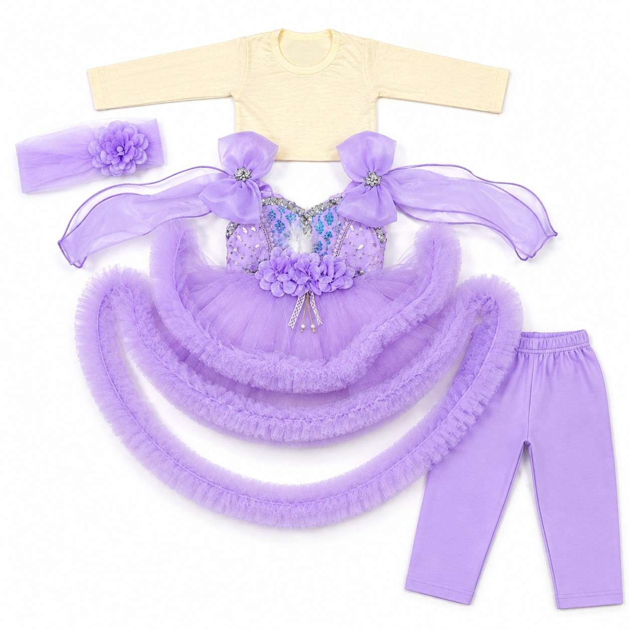 Fancy Sleeveless Sequence Worked Fairy Tail Frock With Trouser - Purple