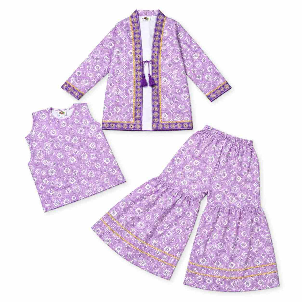 Fancy Worked Cotton Sahara Sleeve less Inner & Gharara - Purple