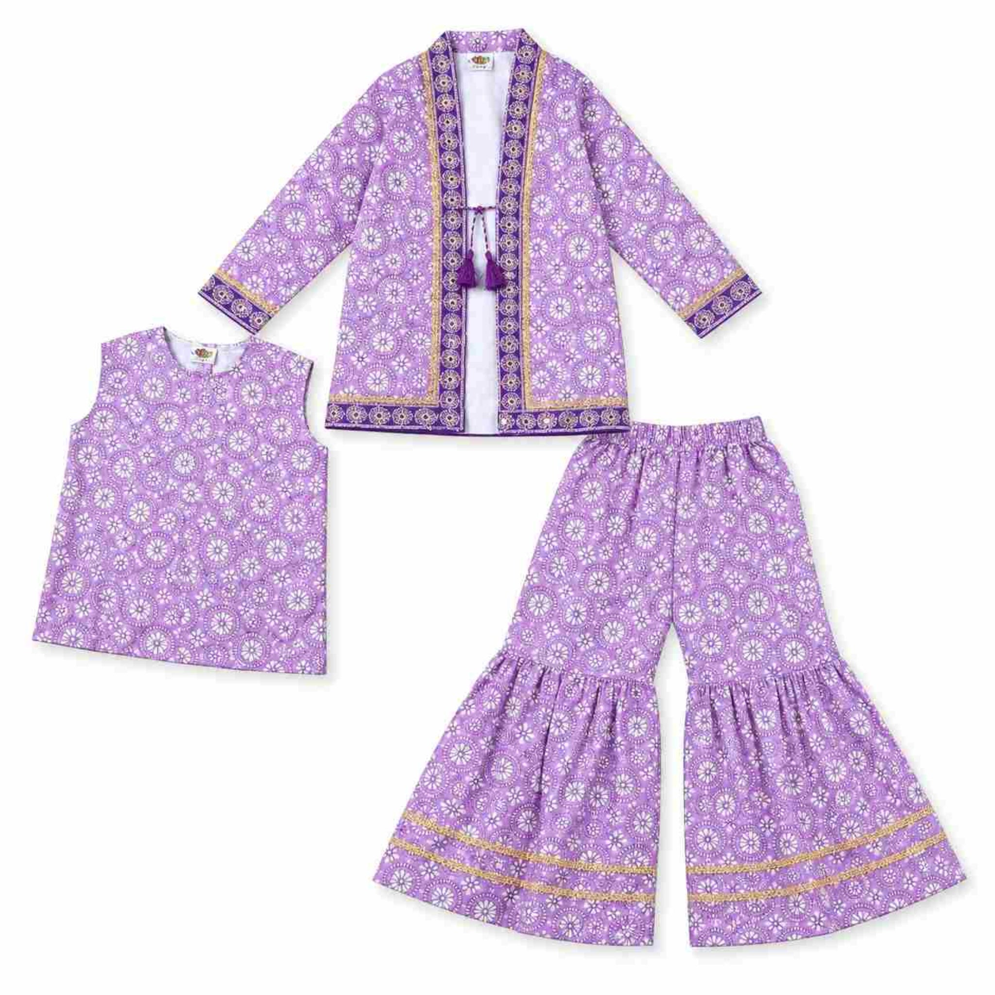 Fancy Worked Cotton Sahara Sleeve less Inner & Gharara - Purple