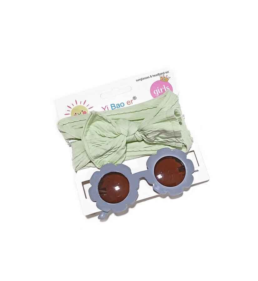 Fashion Big Bow Headband & Sunflowers Shape Sunglasses Set - Grey & Green
