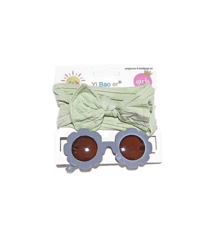 Fashion Big Bow Headband & Sunflowers Shape Sunglasses Set - Grey & Green