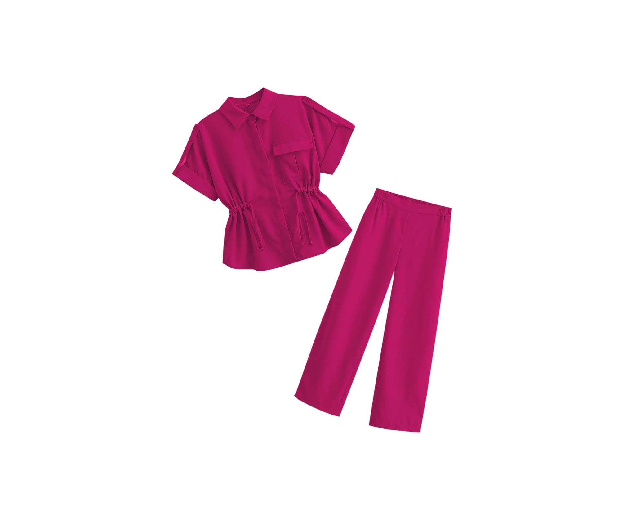 FashionTopShortSleeveElasticWaistCottonTop_WideLegPants-ShockingPink
