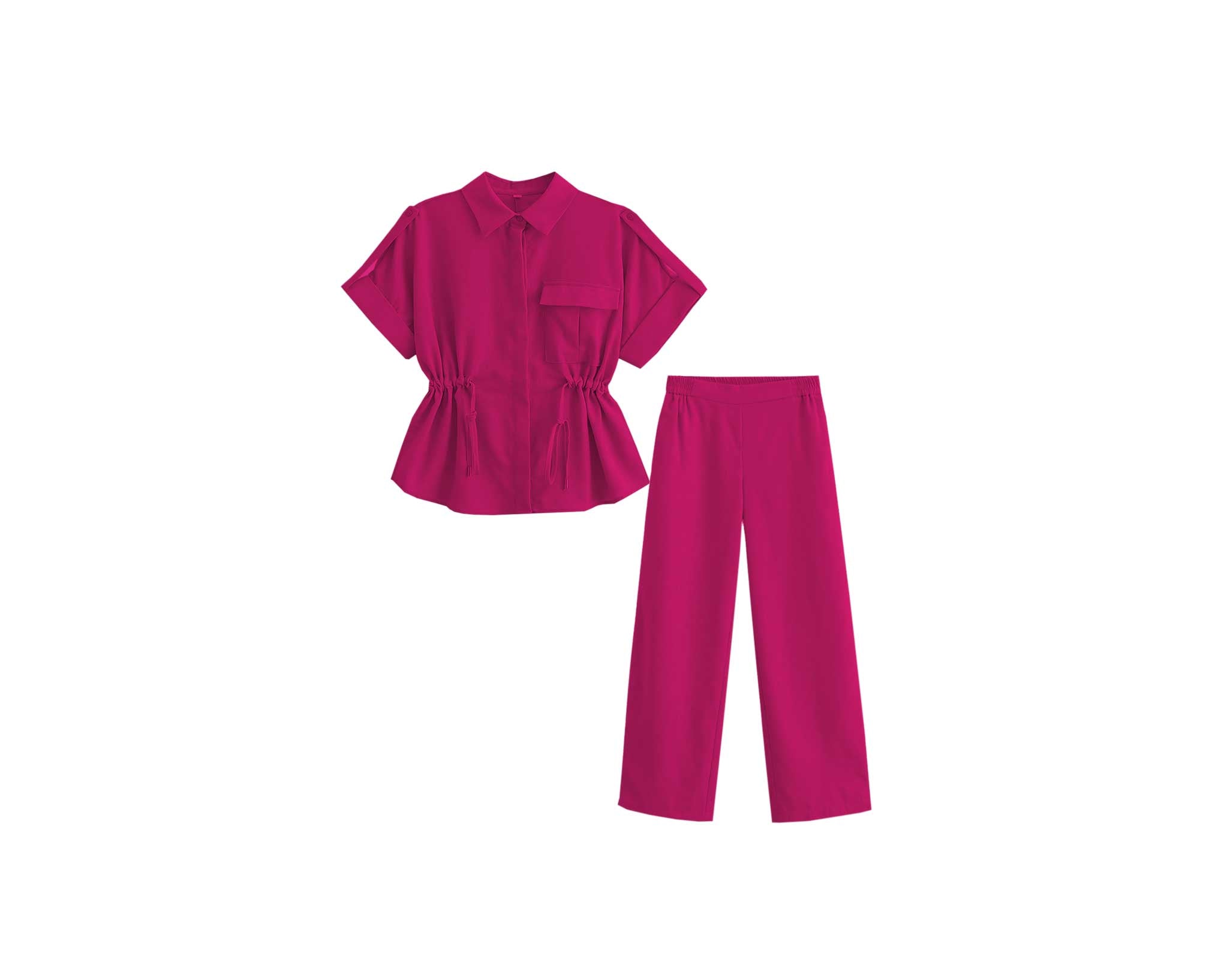 FashionTopShortSleeveElasticWaistCottonTop_WideLegPants-ShockingPink_1
