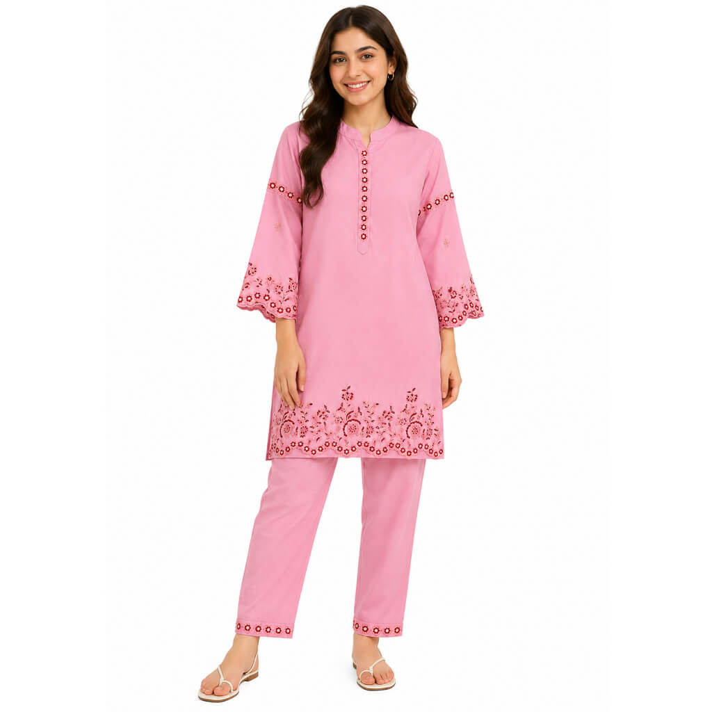 Festive Graceful Embroidery Cotton Kurta & Trouser – Pink