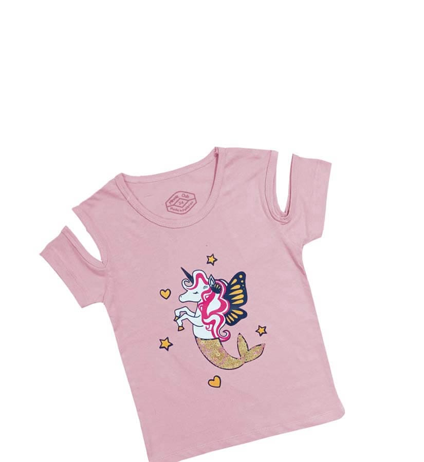 Fish Unicorn Sequence Shoulder Cutt Tee Shirt - Tea Pink