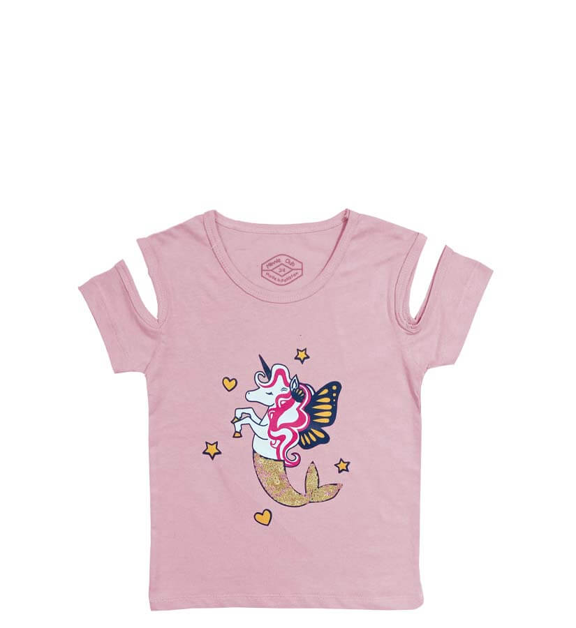 Fish Unicorn Sequence Shoulder Cutt Tee Shirt - Tea Pink