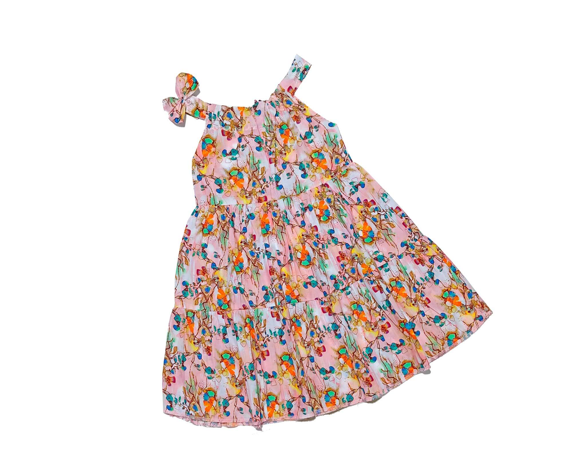 Floral Three Penal Lawn Maxi Frock Shoulder Stripe with Bow -Peach