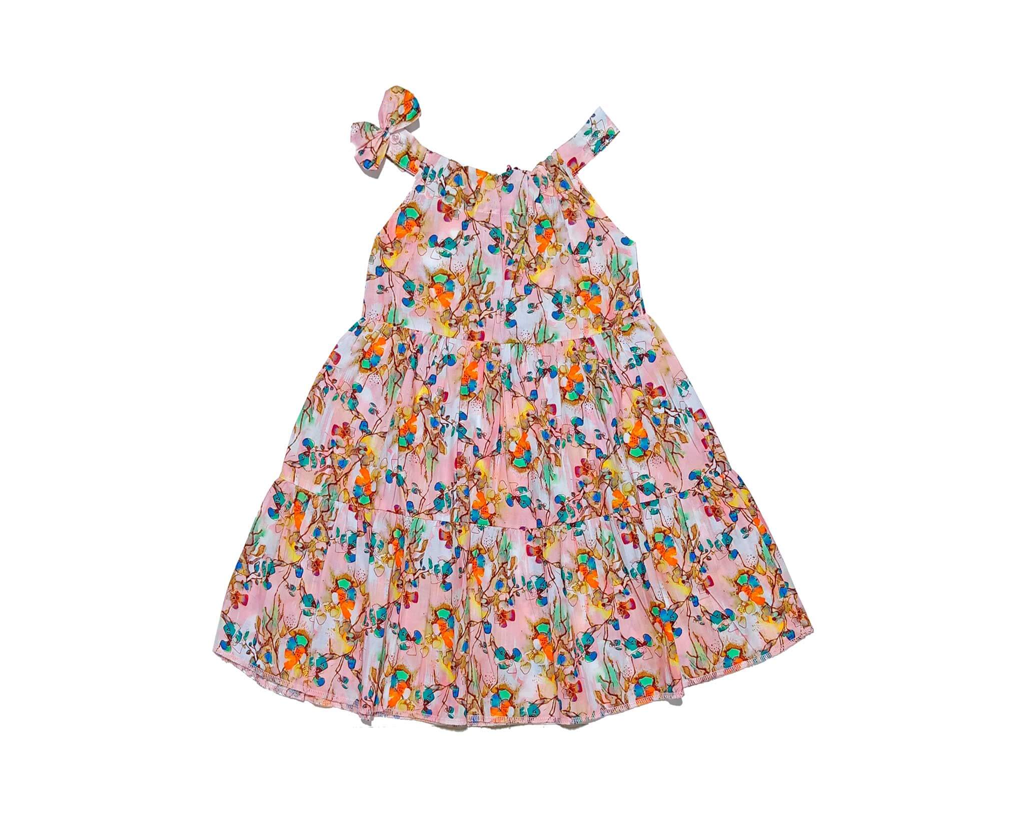 Floral Three Penal Lawn Maxi Frock Shoulder Stripe with Bow -Peach