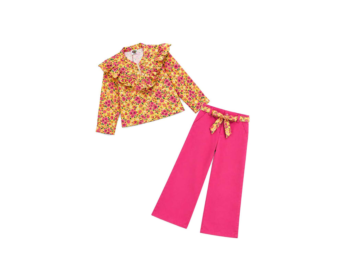 Floral Garden Cotton Top & Flapper Trouser - Musterd & Shocking Pink