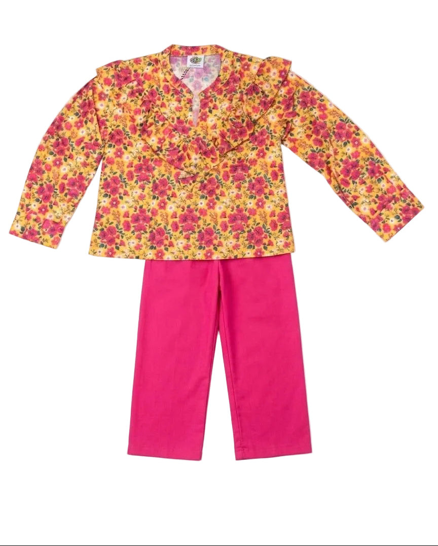 Floral Garden Cotton Top & Flapper Trouser - Musterd & Shocking Pink