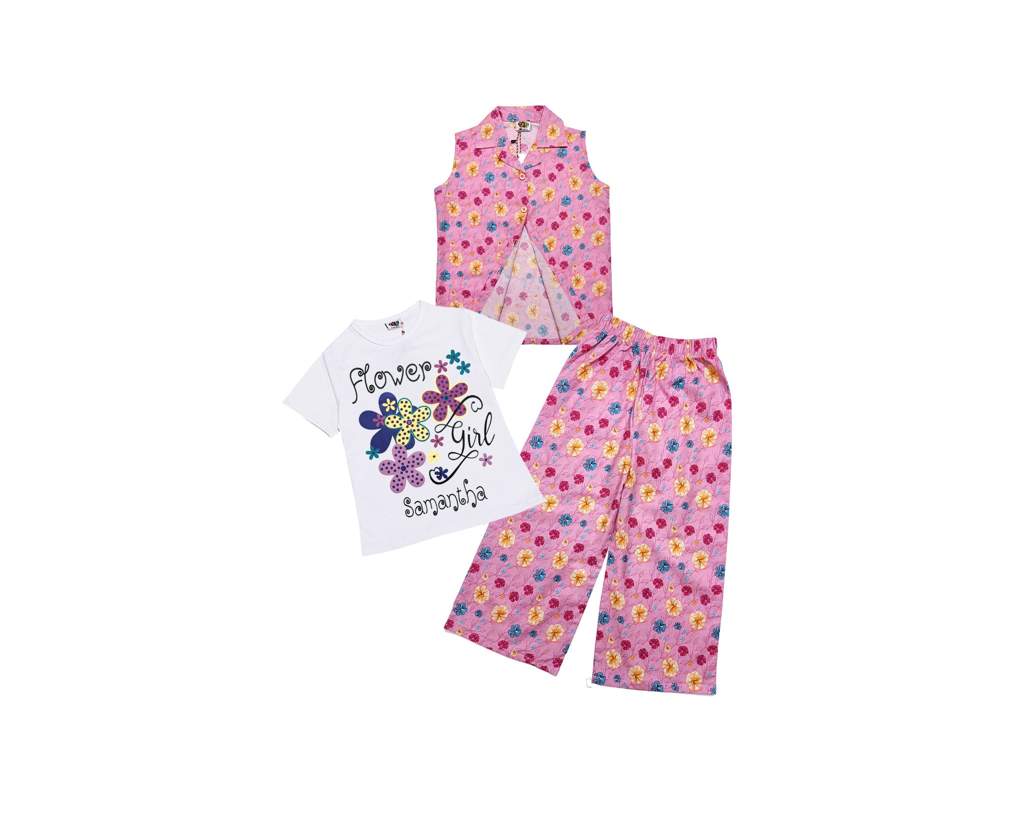 Flower Girls 3 Pc Cotton Flapper Trouser - Pink & Yellow