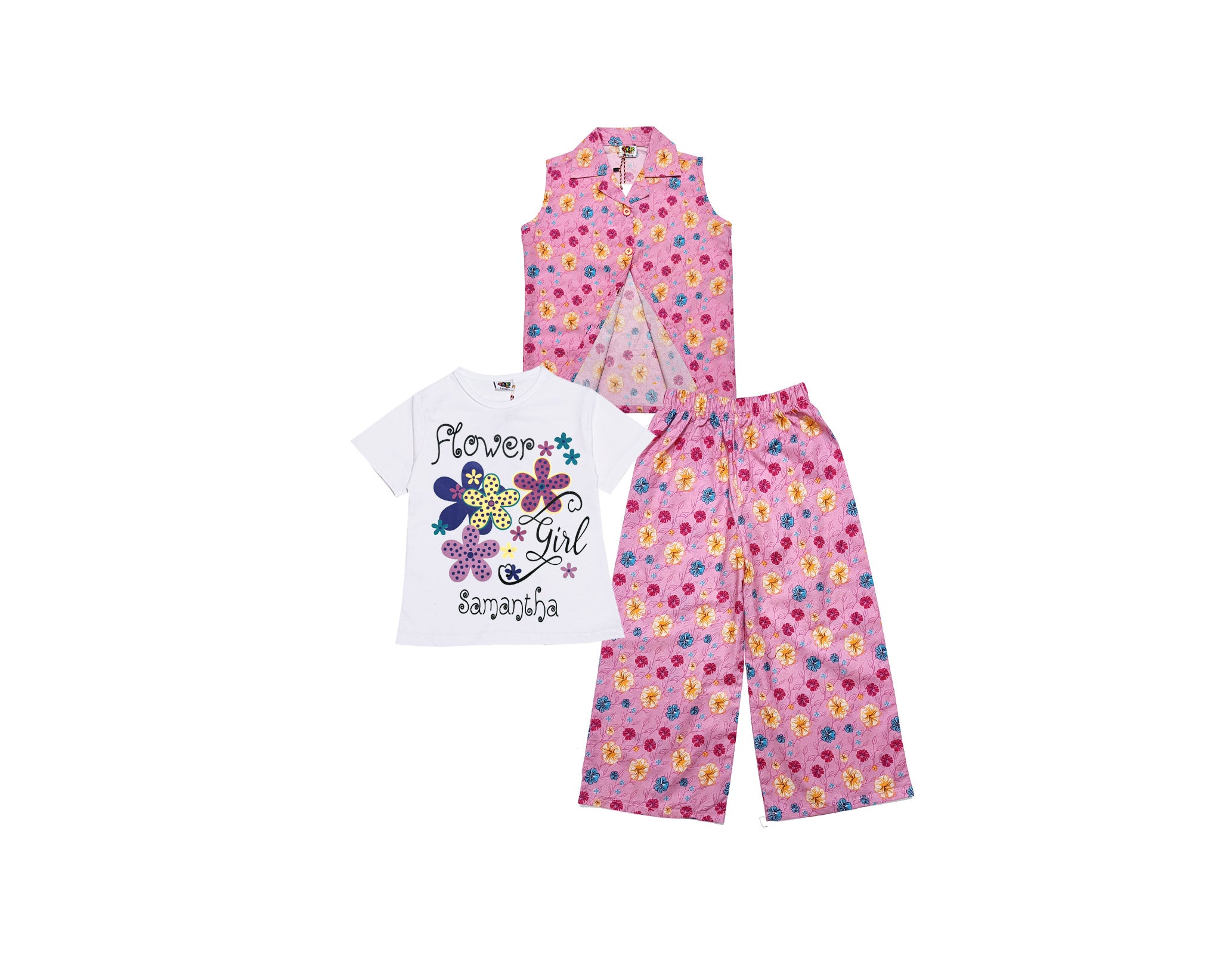 Flower Girls 3 Pc Cotton Flapper Trouser - Pink & Yellow