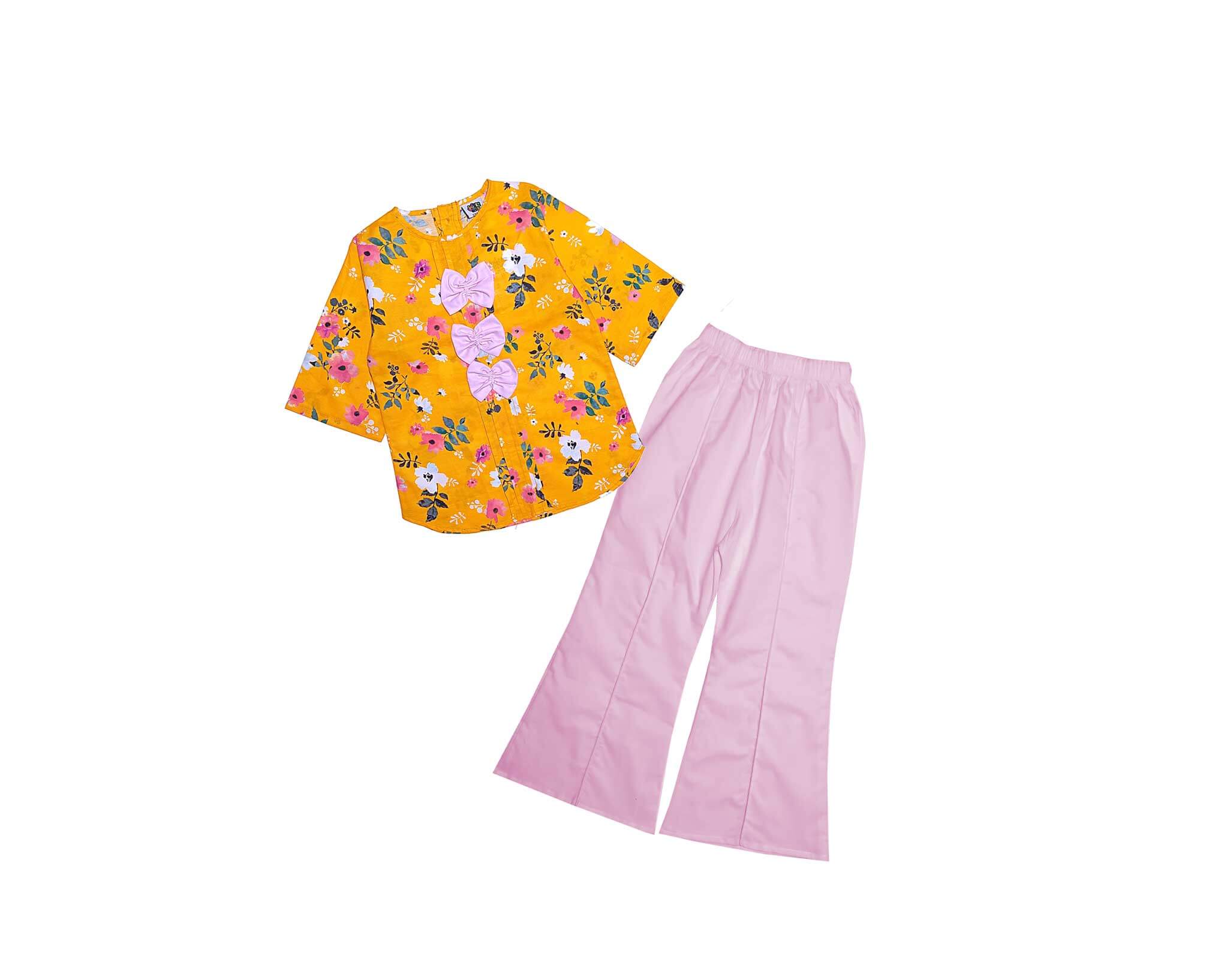 Flowers Bliss Pleatts Cotton Top &amp; Flapper Trouser - Mustard &amp; Baby Pink