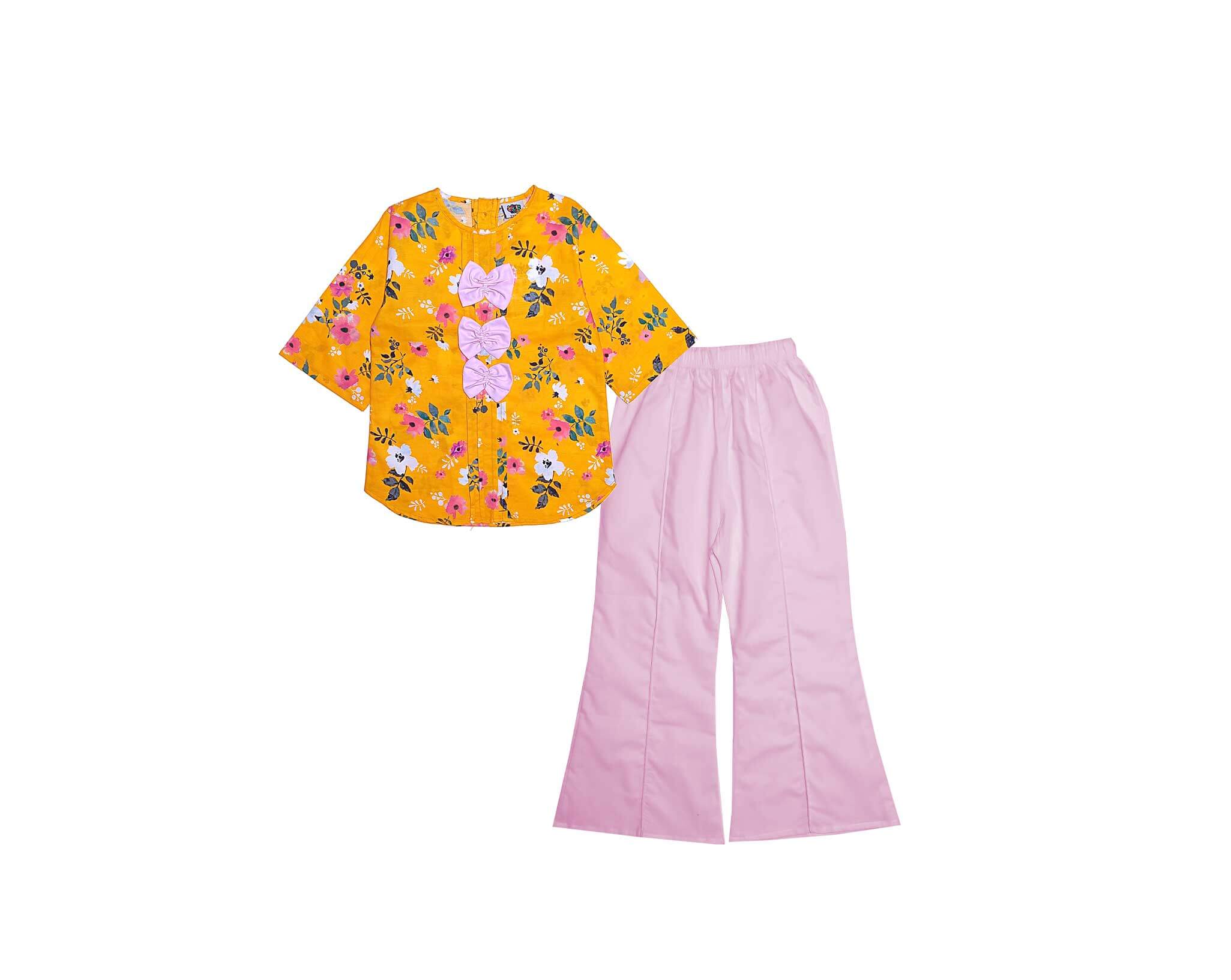 Flowers Bliss Pleatts Cotton Top &amp; Flapper Trouser - Mustard &amp; Baby Pink
