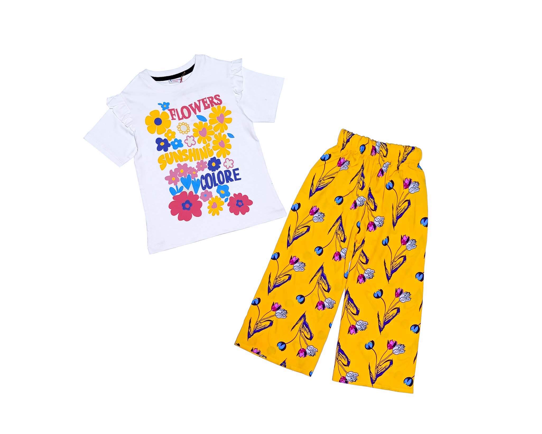 Flowers Color Cotton Frill T Shirt with Arabic Lawn Plazzo - White &amp; Mustard
