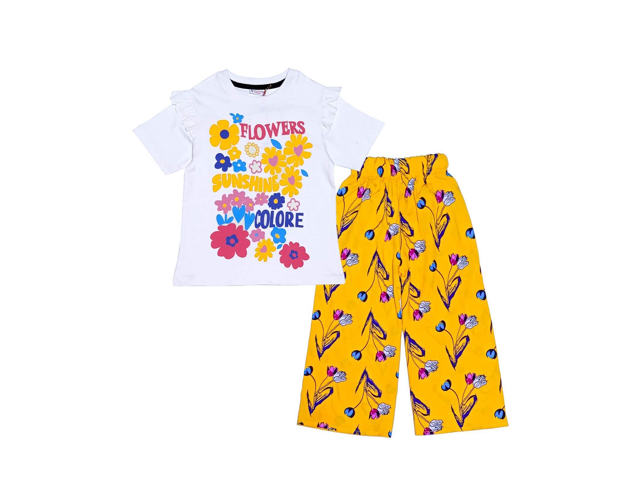 Flowers Color Cotton Frill T Shirt with Arabic Lawn Plazzo - White &amp; Mustard