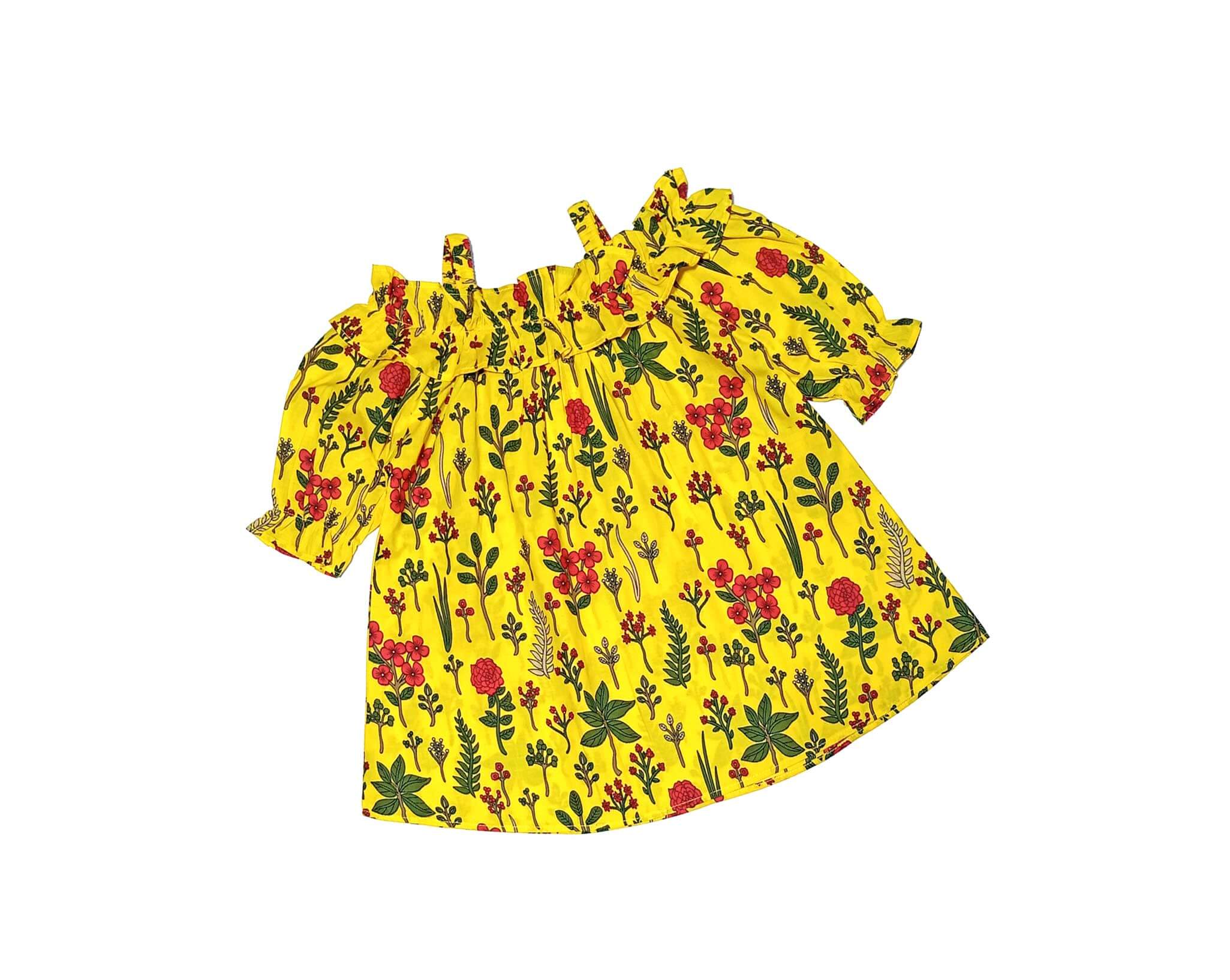 Flowers Garden Puff Sleeves Frill Neck Style Short Cotton Frock -Yellow