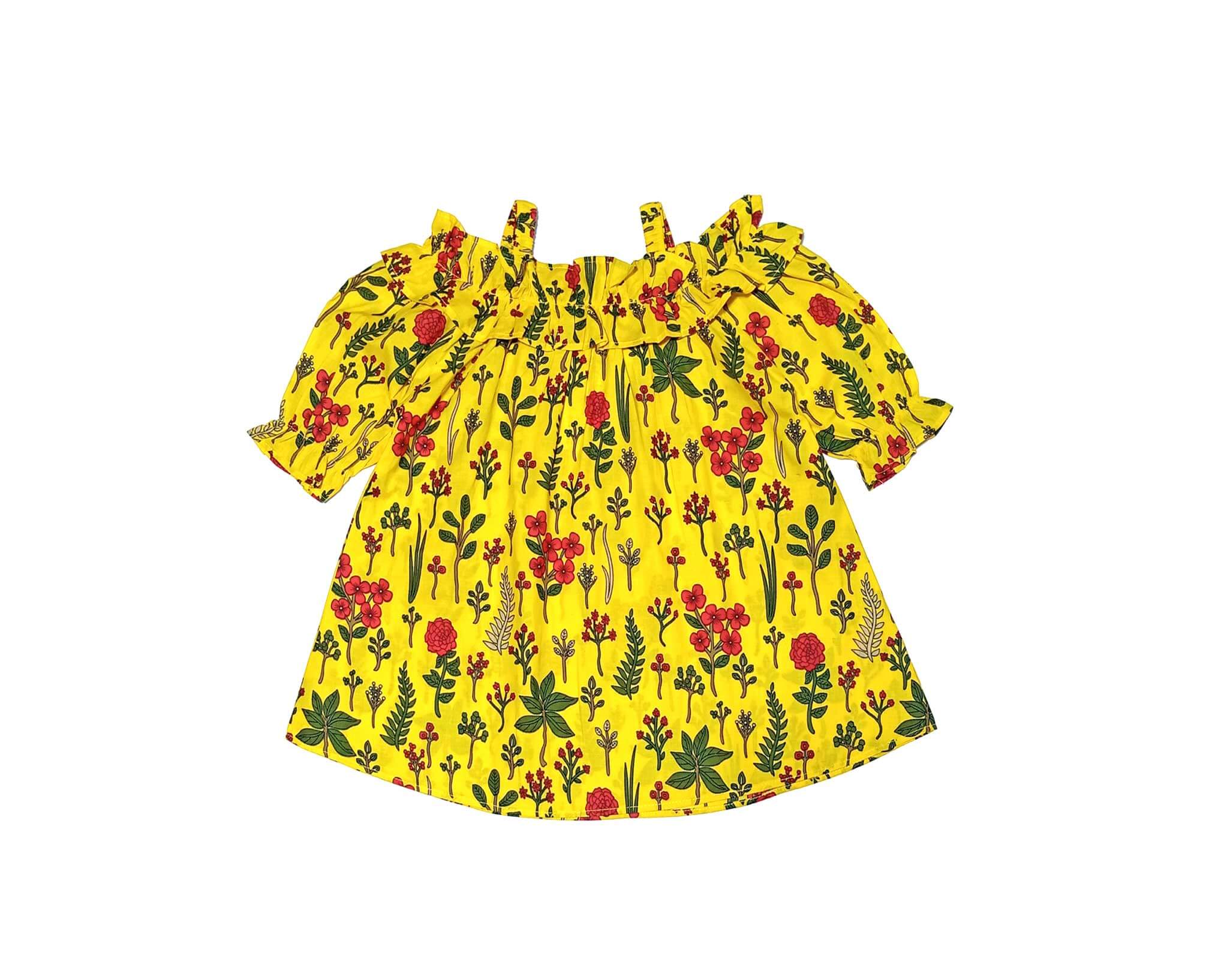 Flowers Garden Puff Sleeves Frill Neck Style Short Cotton Frock -Yellow