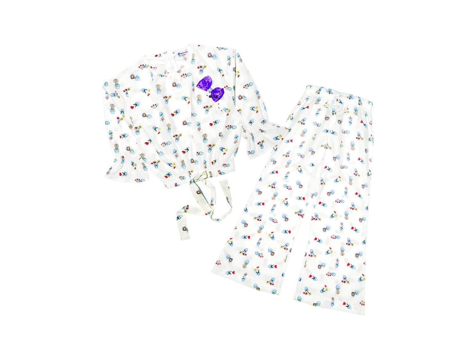 Flowers Pot Woven Short Top with Bell Bottom Trouser - White