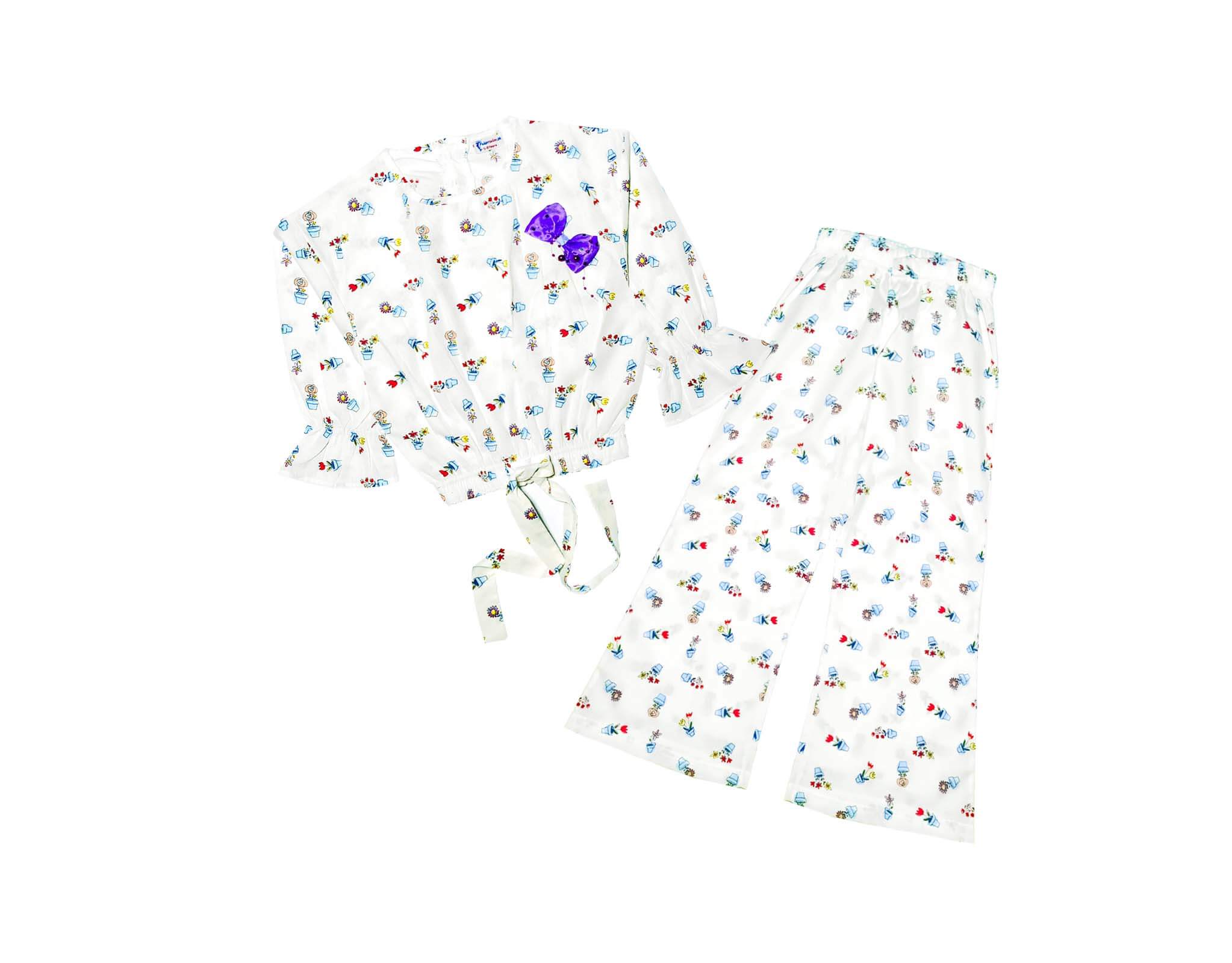 Flowers Pot Woven Short Top with Bell Bottom Trouser - White
