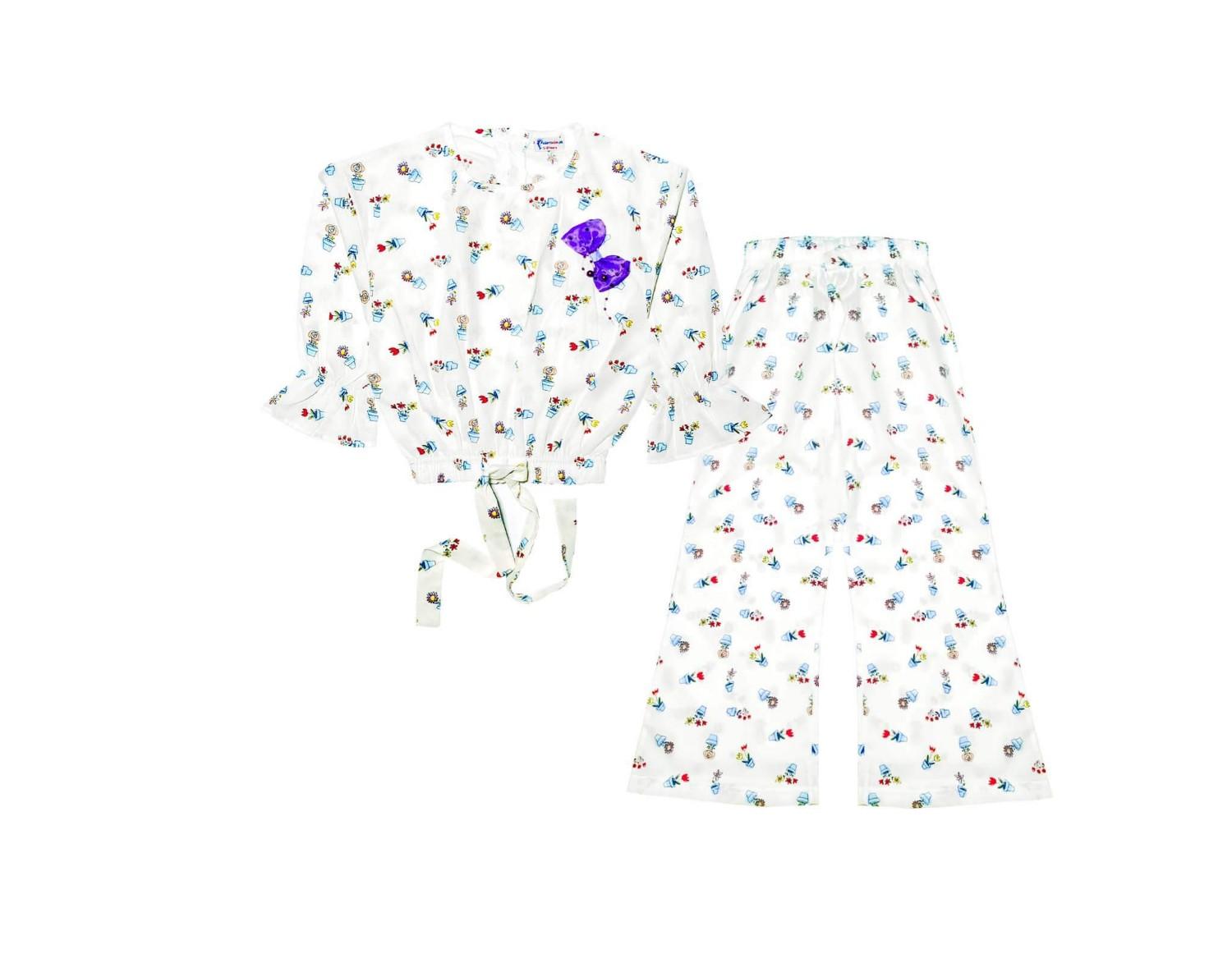 Flowers Pot Woven Short Top with Bell Bottom Trouser - White