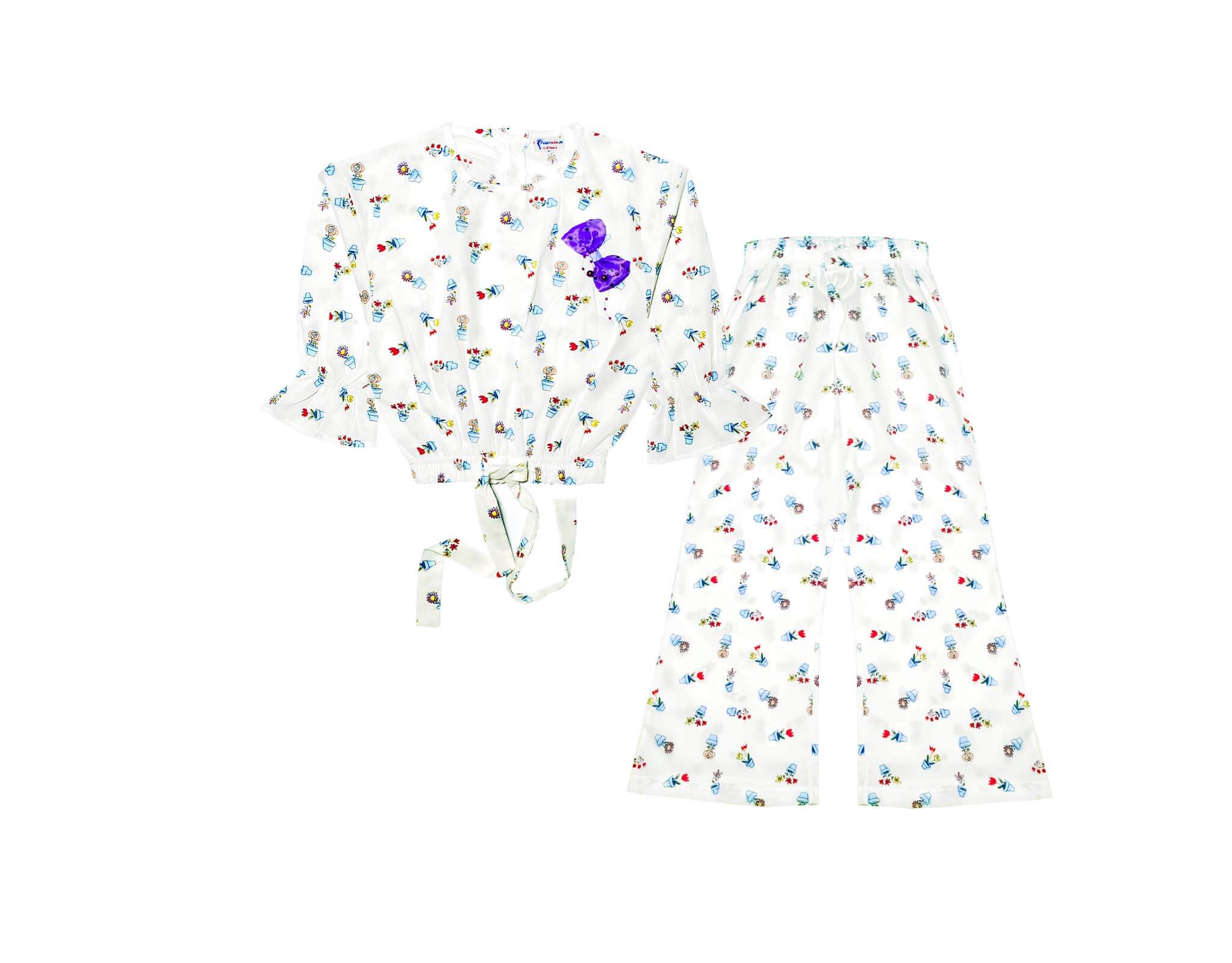 Flowers Pot Woven Short Top with Bell Bottom Trouser - White