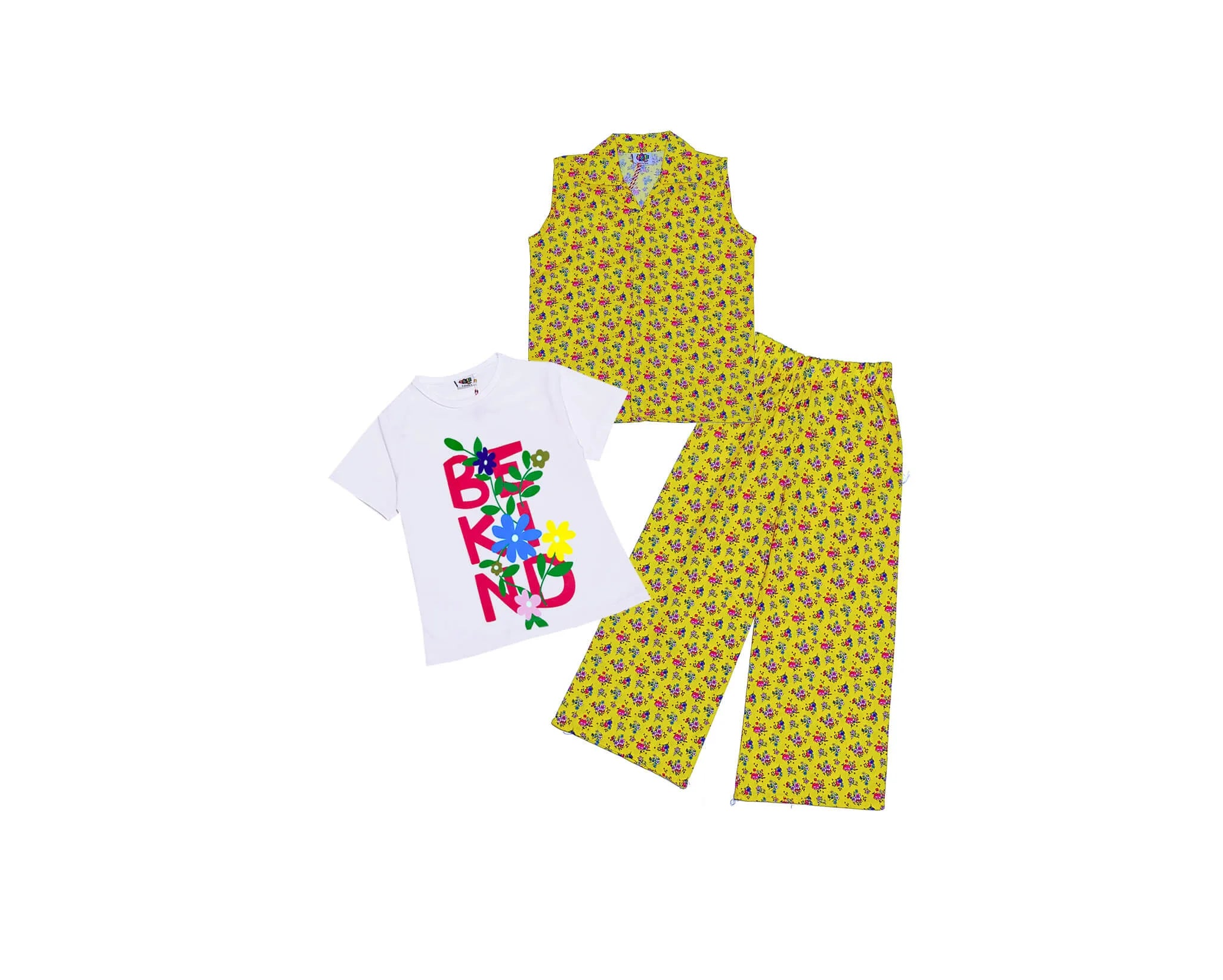 Flowers Vase Cotton Sleeves less Coat Tee &amp; Plazzo Lime Light -Shocking Yellow