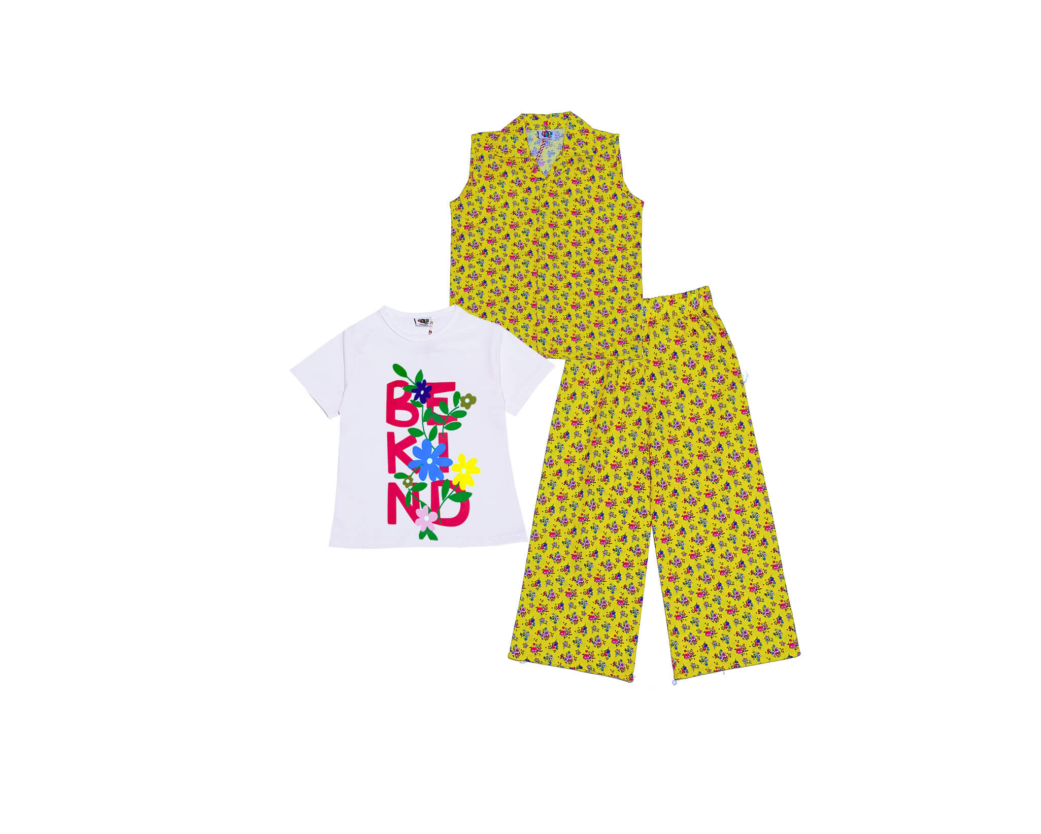 Flowers Vase Cotton Sleeves less Coat Tee &amp; Plazzo Lime Light -Shocking Yellow
